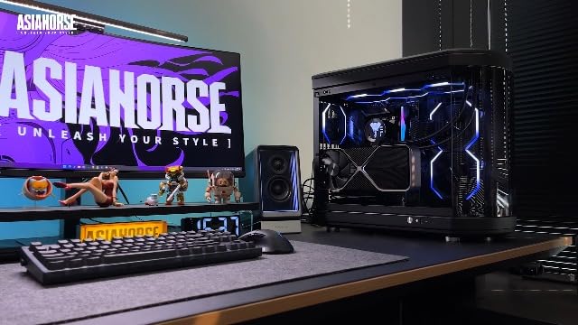 Illuminated display of the AsiaHorse Nyota three fan kit showcasing vibrant synchronized rainbow lighting effects inside a computer case.
