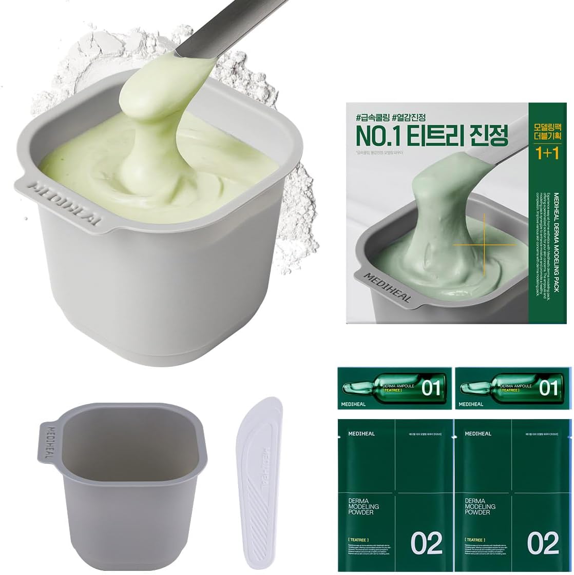 Mediheal Derma Modeling Pack Teatree Pack of Two front view showing packaging and included mixing bowl.