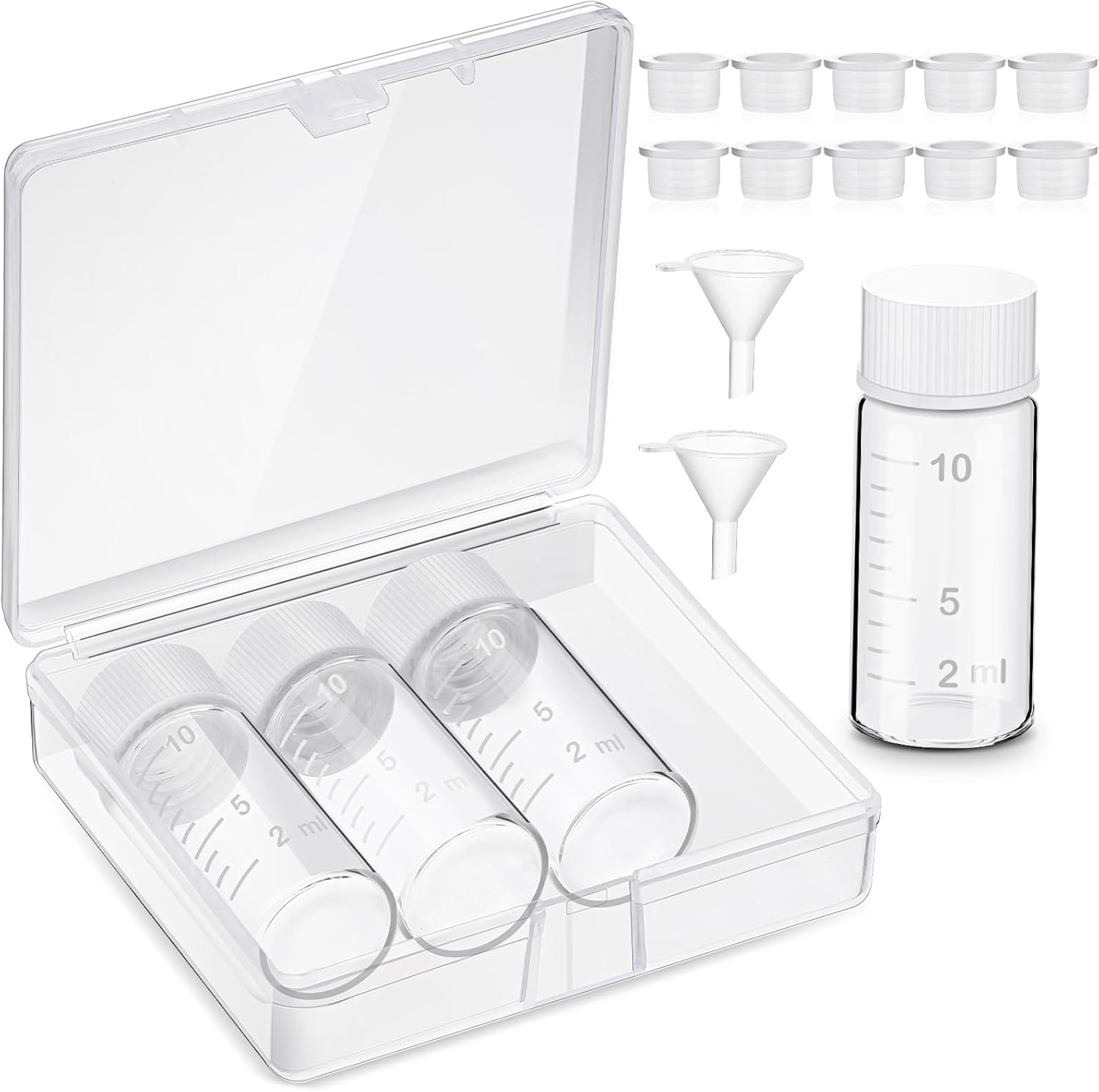 Baderke liquid medicine travel container front view showing four clear glass bottles with scales inside a plastic storage case