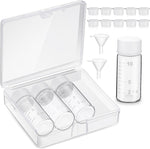 Baderke liquid medicine travel container front view showing four clear glass bottles with scales inside a plastic storage case