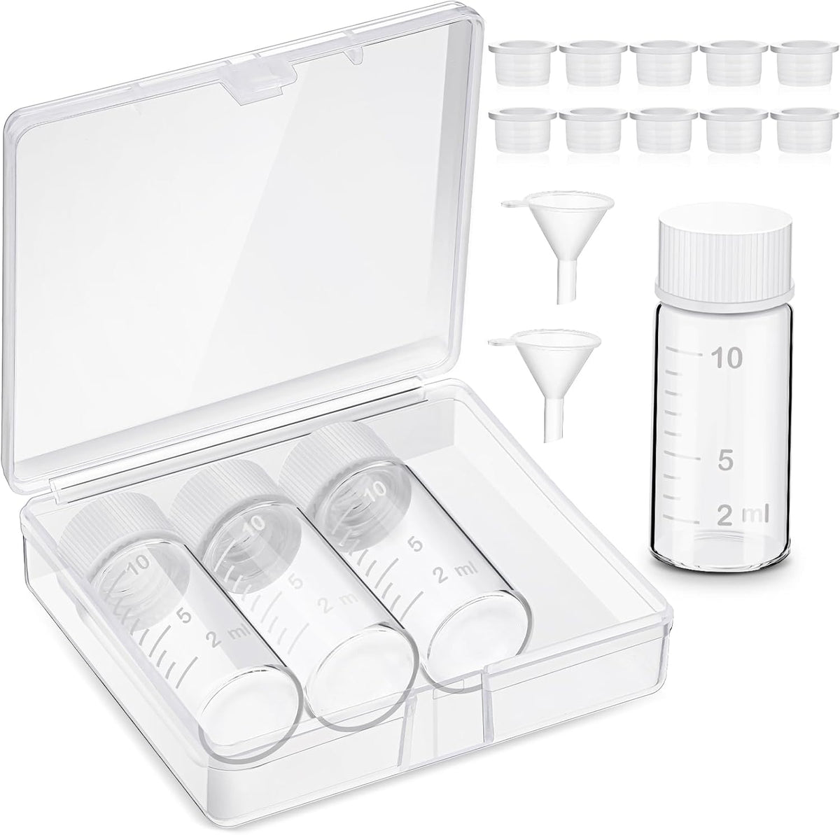 Baderke liquid medicine travel container front view showing four clear glass bottles with scales inside a plastic storage case