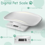 White puppy whelping scale with the eleven inch curved tray attached.