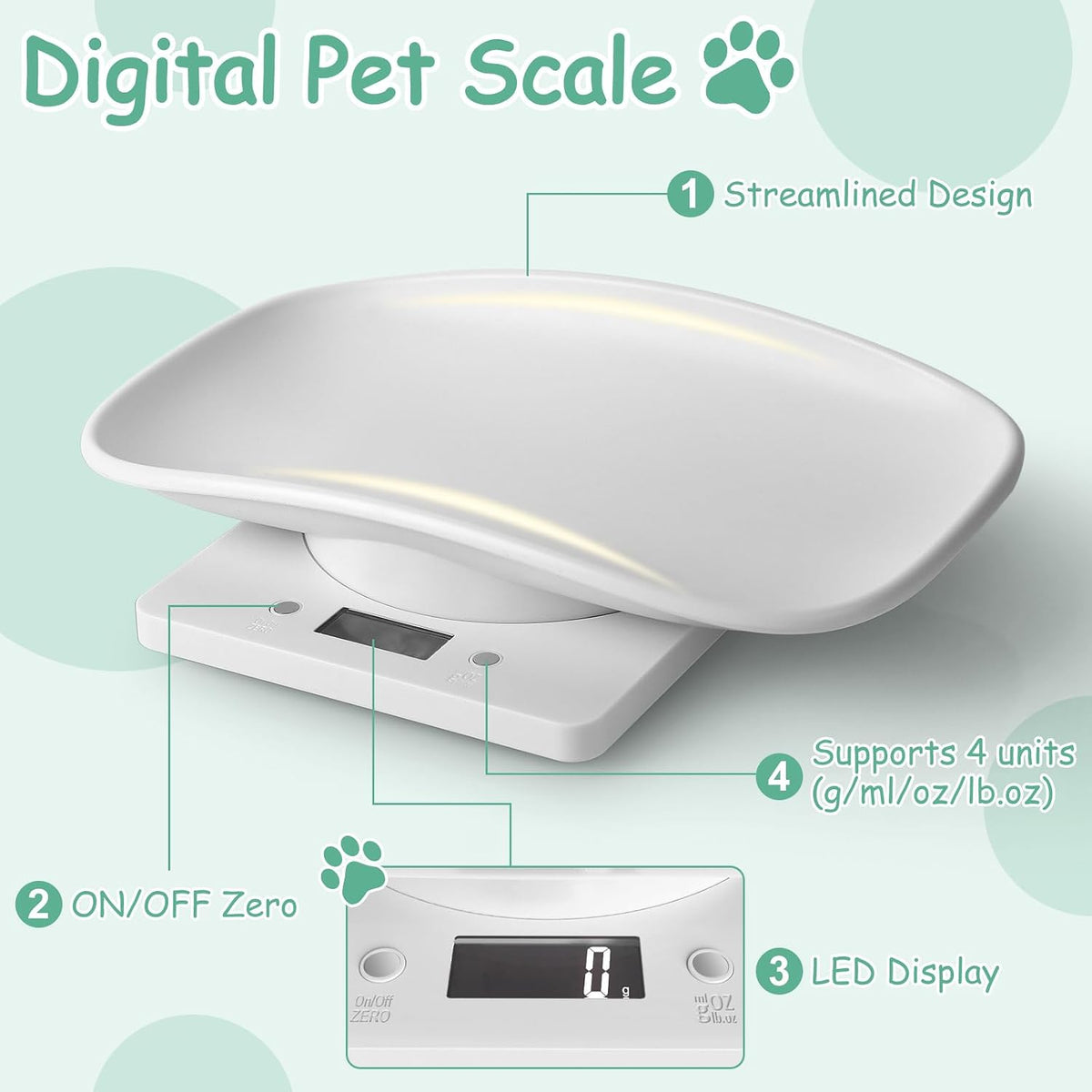 White puppy whelping scale with the eleven inch curved tray attached.