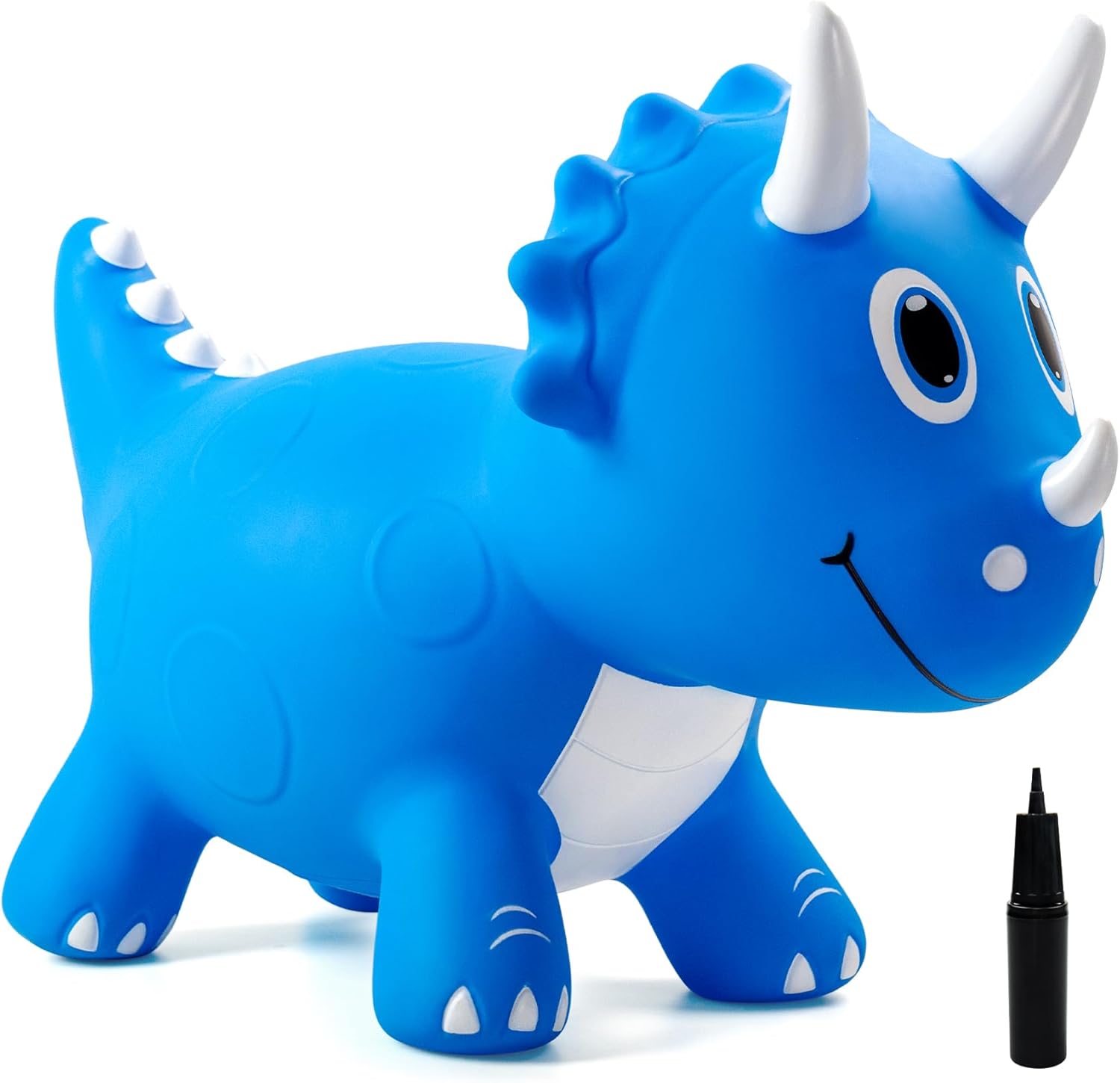 EVERICH TOY Kids Dinosaur Bouncy Animal Toy front view showing the blue triceratops inflatable hopper design.