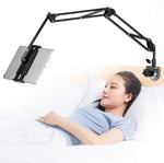 Samhousing adjustable tablet stand front view mounted to a wooden desk holding an entertainment device.