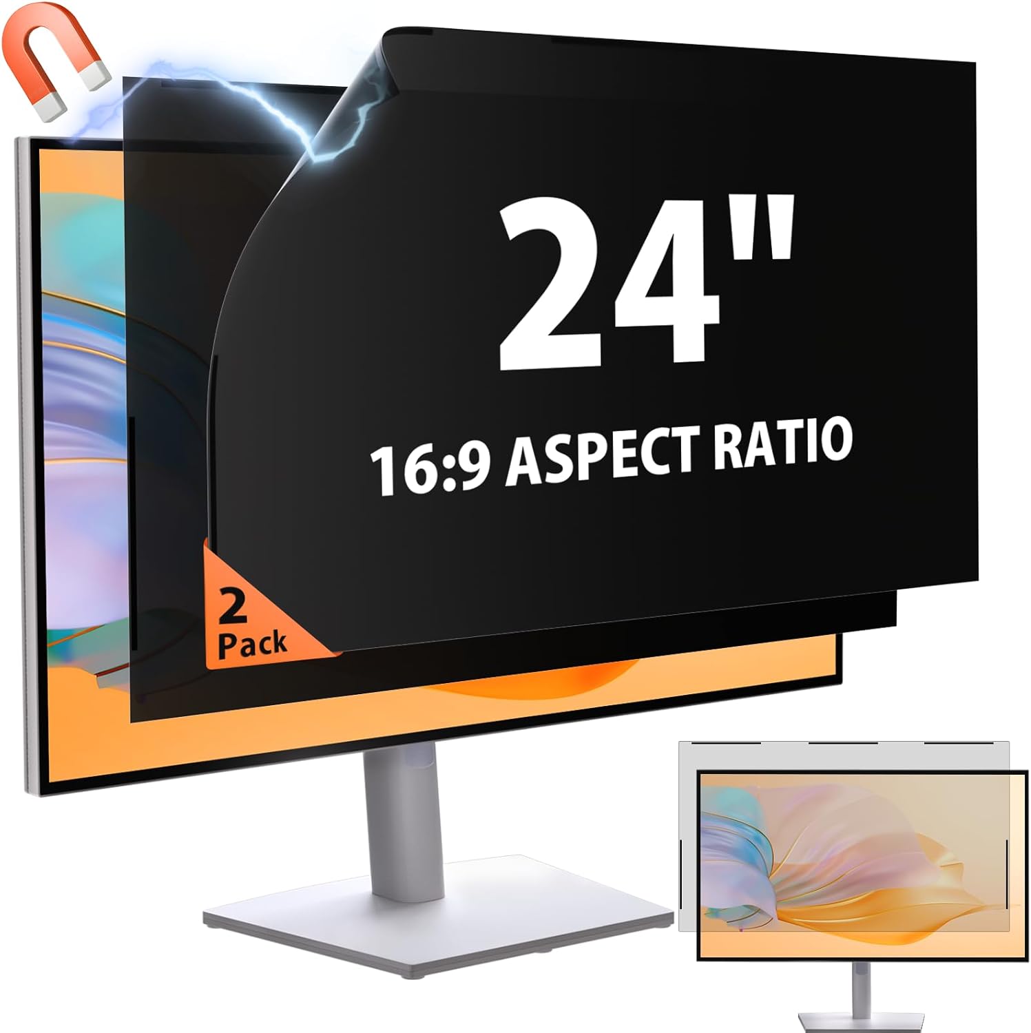 Mamol magnetic privacy screen for 24 inch monitor front view highlighting dark anti spy side angles.