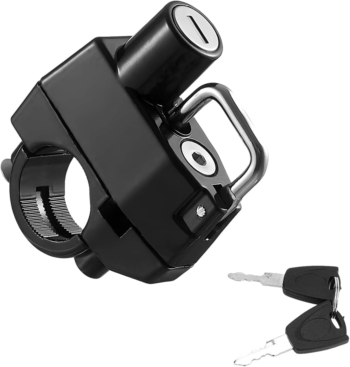 Kvaey motorcycle helmet lock front view attached to handlebar