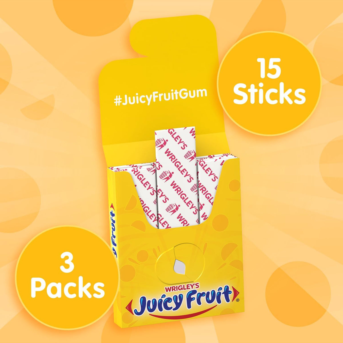 Close up of individually wrapped classic sweet fruit flavored gum sticks.