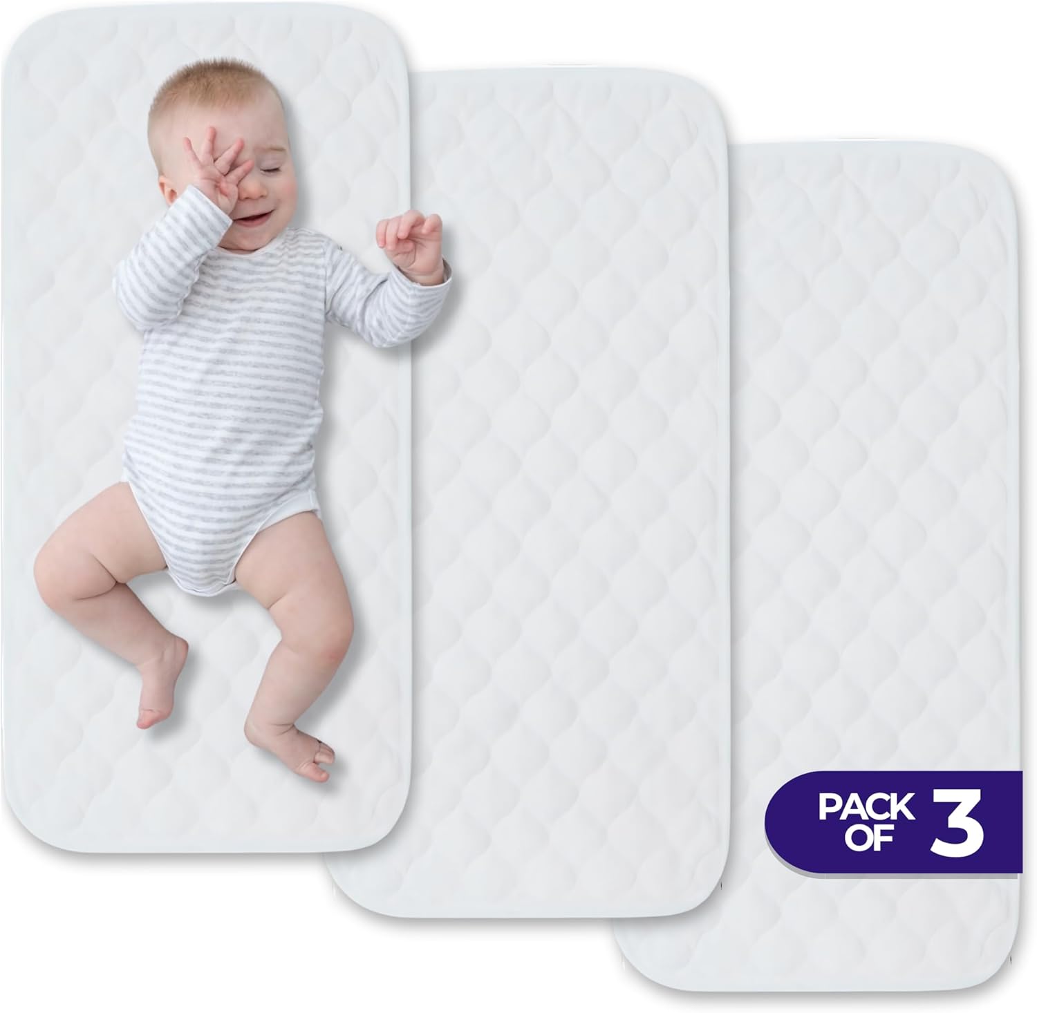 NightClouds Nursery Quilted Waterproof Changing Pad Liners front view showing three white mats stacked