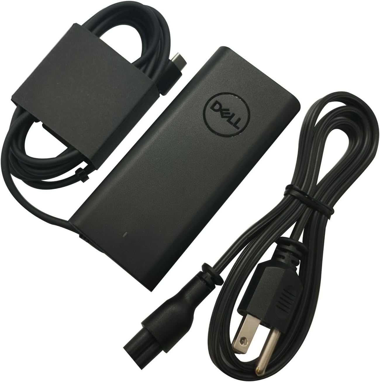Dell 65W USB Type C laptop charger front view showing the main adapter block and attached cable