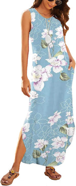 Hount sleeveless maxi dress light blue floral pattern detail
