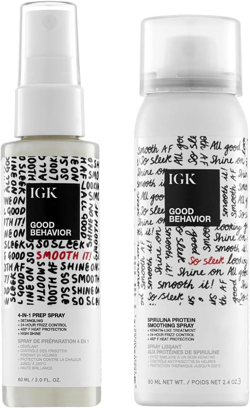 IGK GOOD BEHAVIOR Smoothing Frizz Fighters Travel Set | 4-in-1 Prep Spray + Spirulina Protein Smoothing Spray | Frizz Control + Heat Protectant | Vegan + Cruelty Free - Image 1