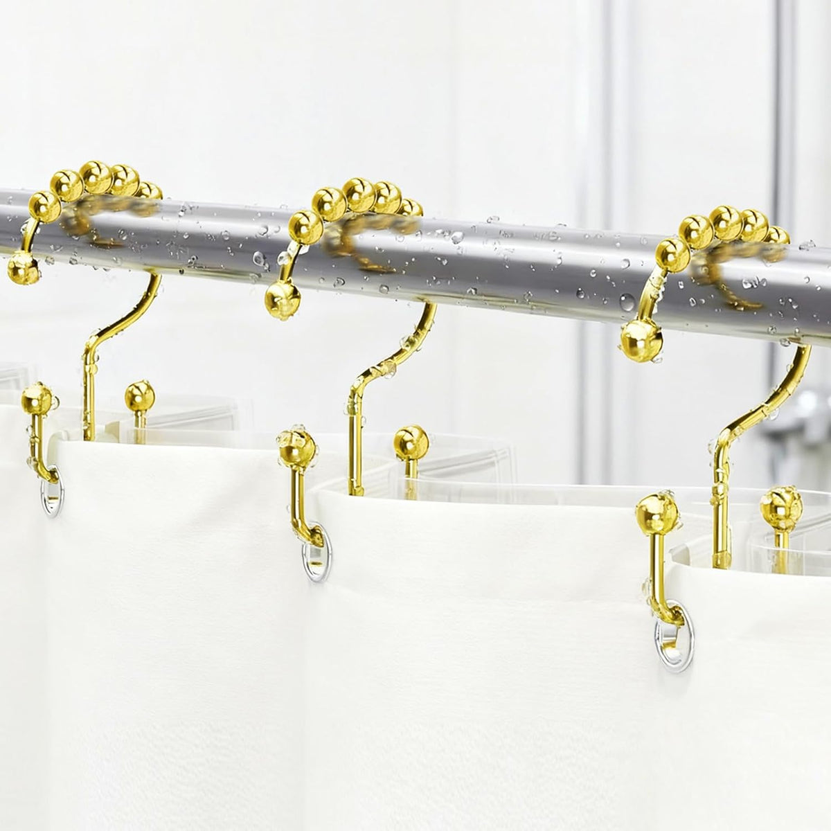 Nirmatsaray 304 stainless steel shower curtain hooks front view showing the polished gold finish