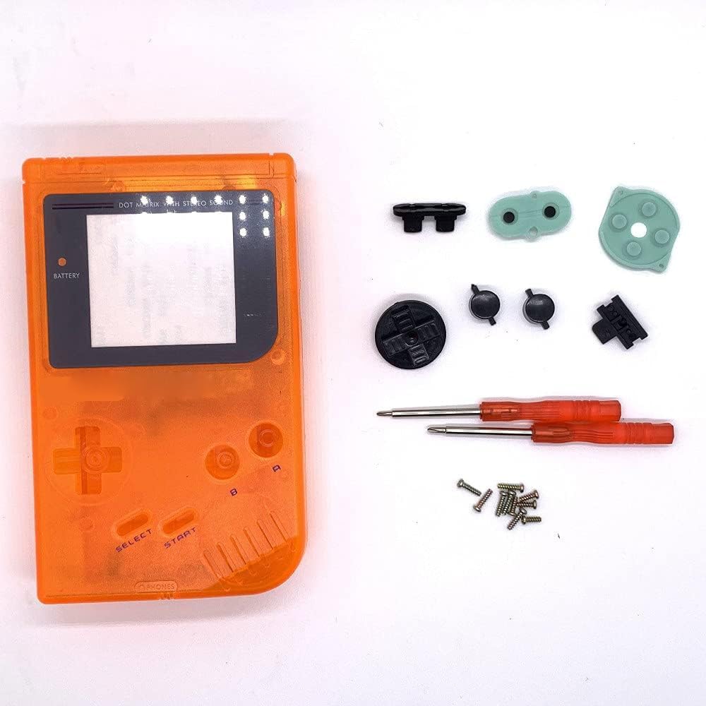 Unbranded Game Boy Classic DMG-01 replacement housing shell kit front view in transparent orange showing buttons and tools.