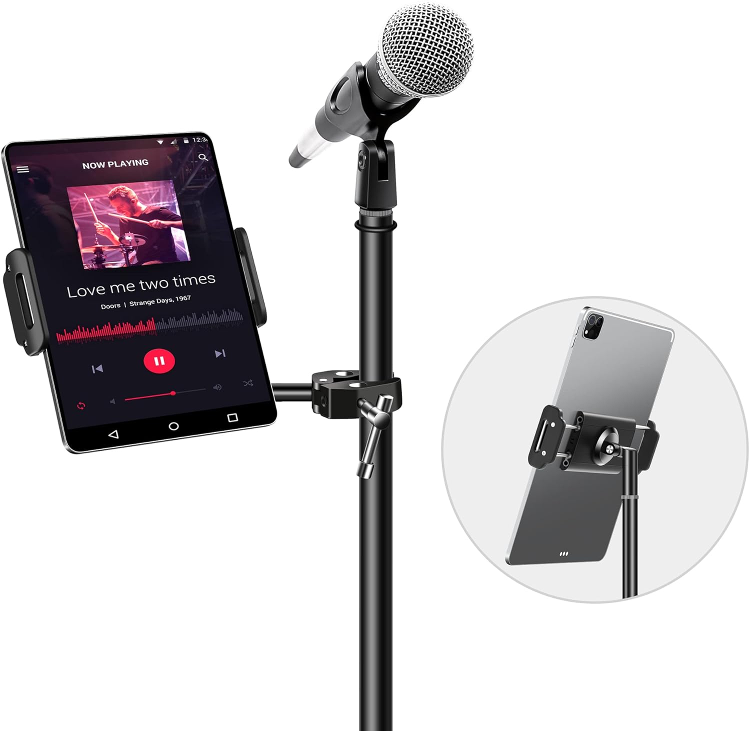 Elitehood aluminum iPad holder for mic stand front view showing the premium black metal structure and adjustable tablet cradle.