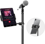 Elitehood aluminum iPad holder for mic stand front view showing the premium black metal structure and adjustable tablet cradle.