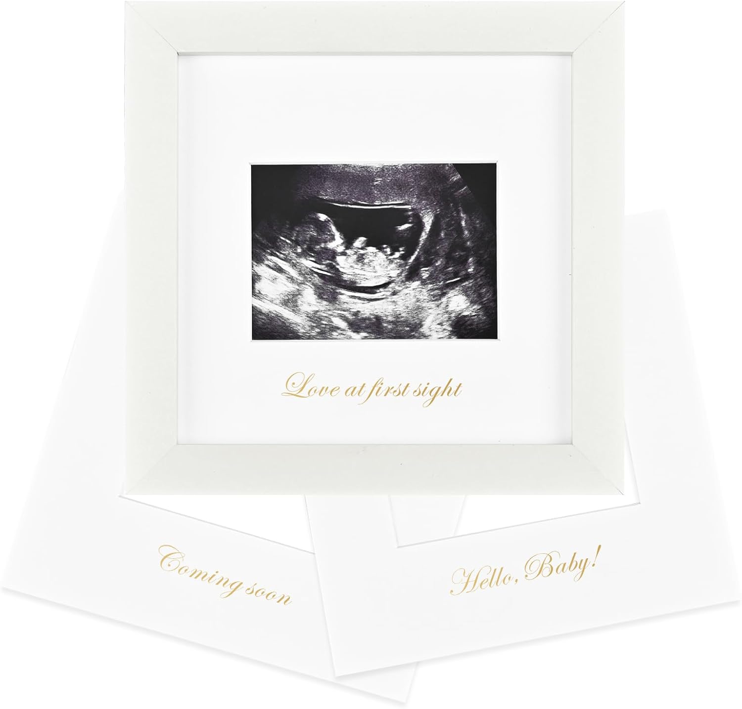 KINLINK Baby Sonogram Picture Frame front view showcasing the rustic white wooden design with Love at First Sight mat insert.