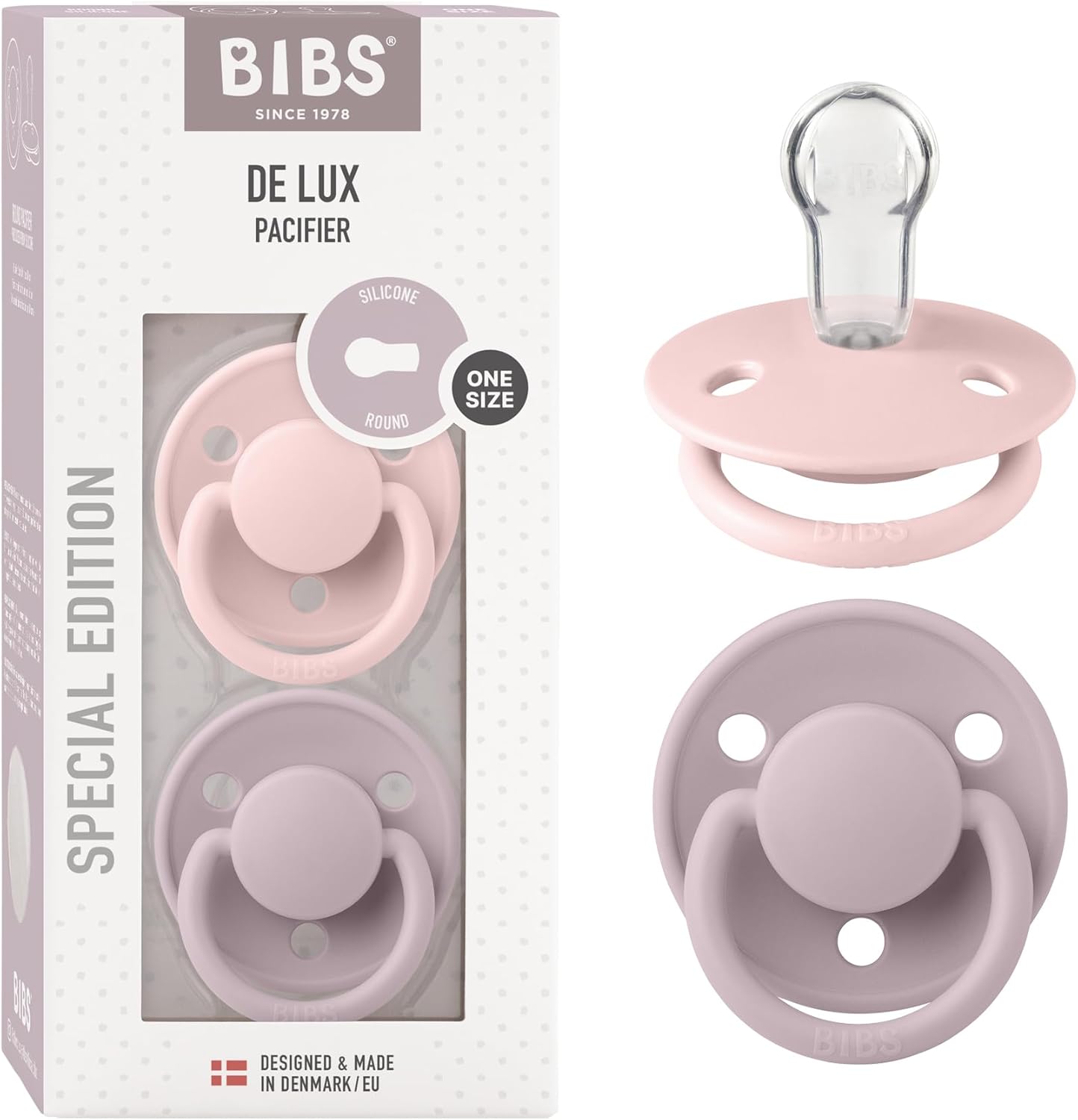 Bibs De Lux pacifier 2-pack in Blossom and Dusky Lilac colors