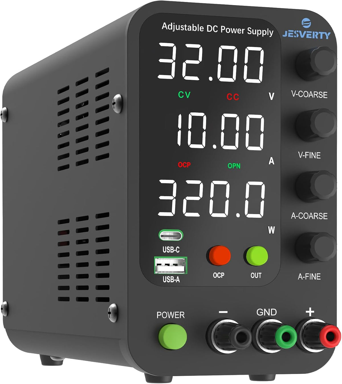 Jesverty variable DC power supply front view showing digital LED display and encoder knobs.
