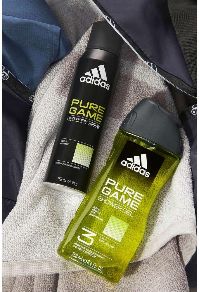 Adidas Pure Game deodorant spray label and branding details