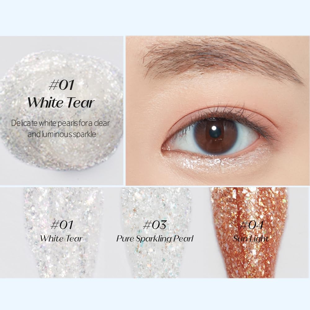 Korean makeup glitter eyeliner swatched on hand demonstrating the crystal and opal pearl sparkle.
