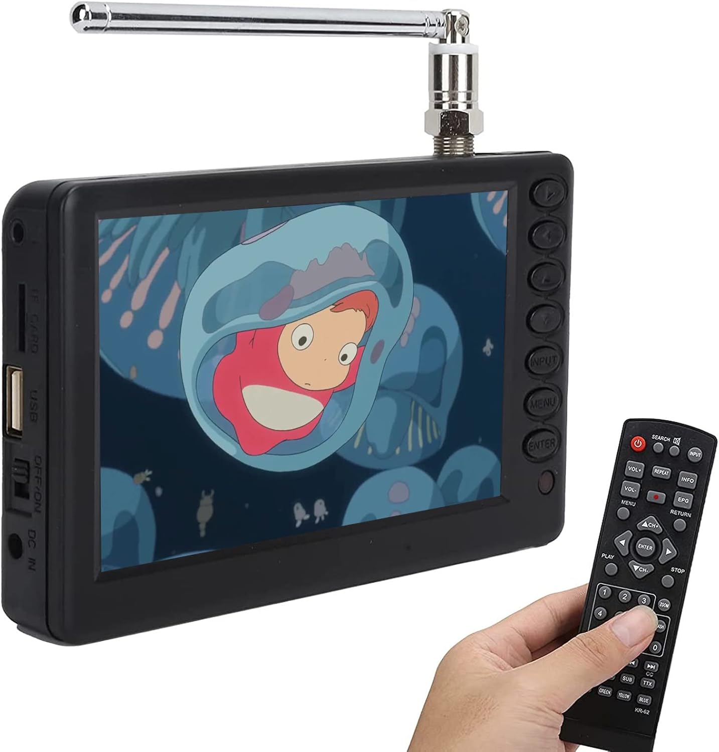 Yoidesu portable digital television front view showing five inch screen and interface buttons