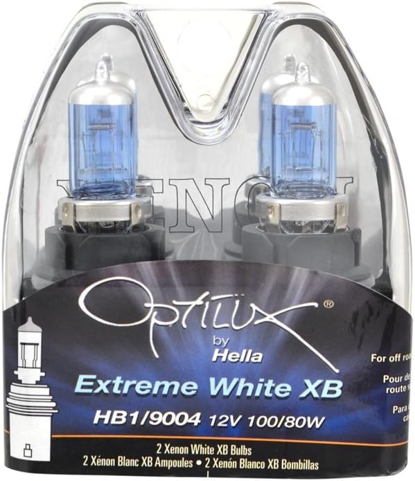 Hella Optilux XB Series HB1 9004 halogen bulbs front view packaging for off road vehicles