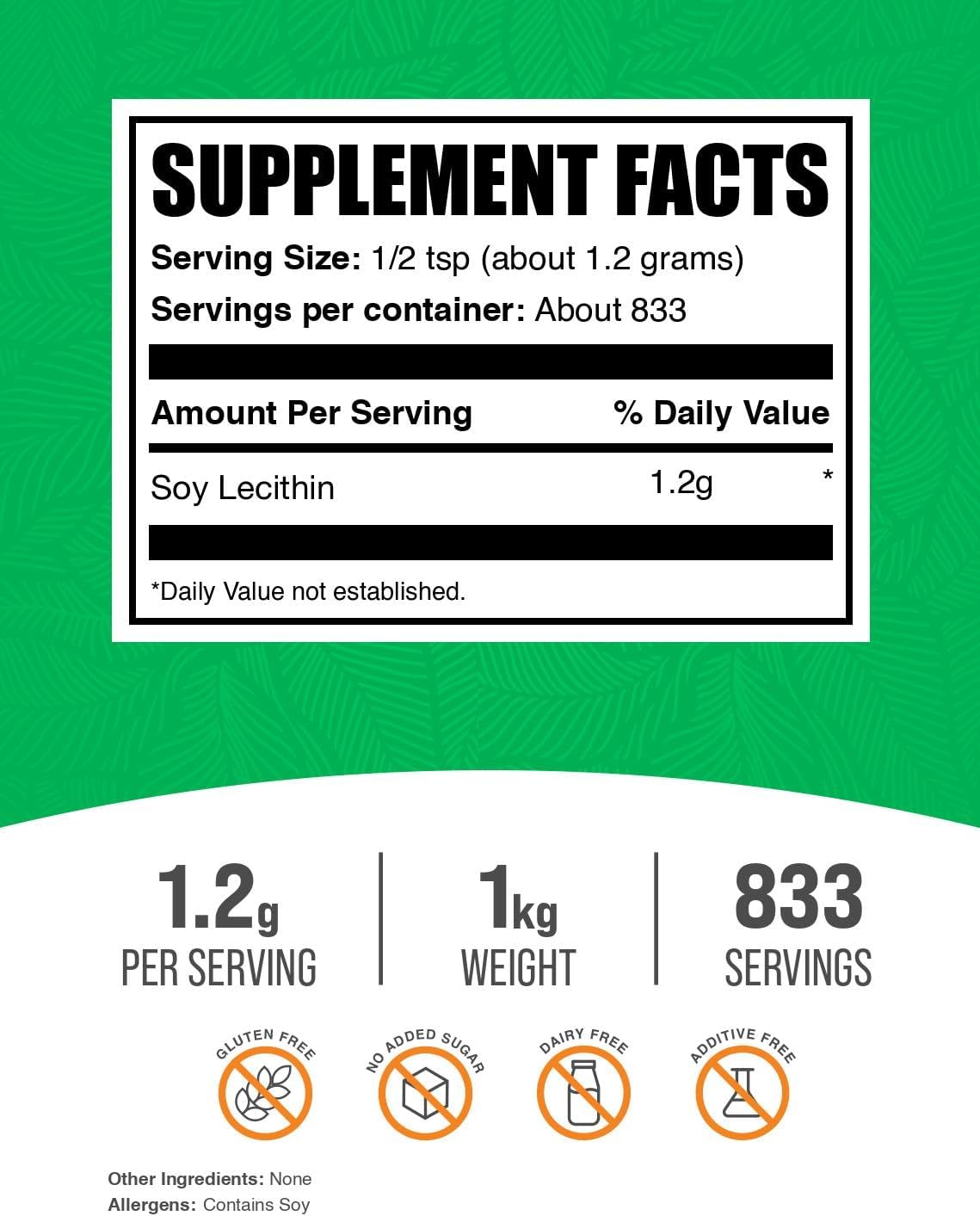 BulkSupplements Soy Lecithin Powder unflavored supplement nutritional facts label