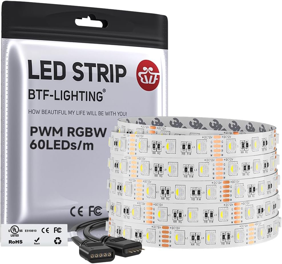 BTF-LIGHTING RGBW LED strip light front view packaging and rolled coil