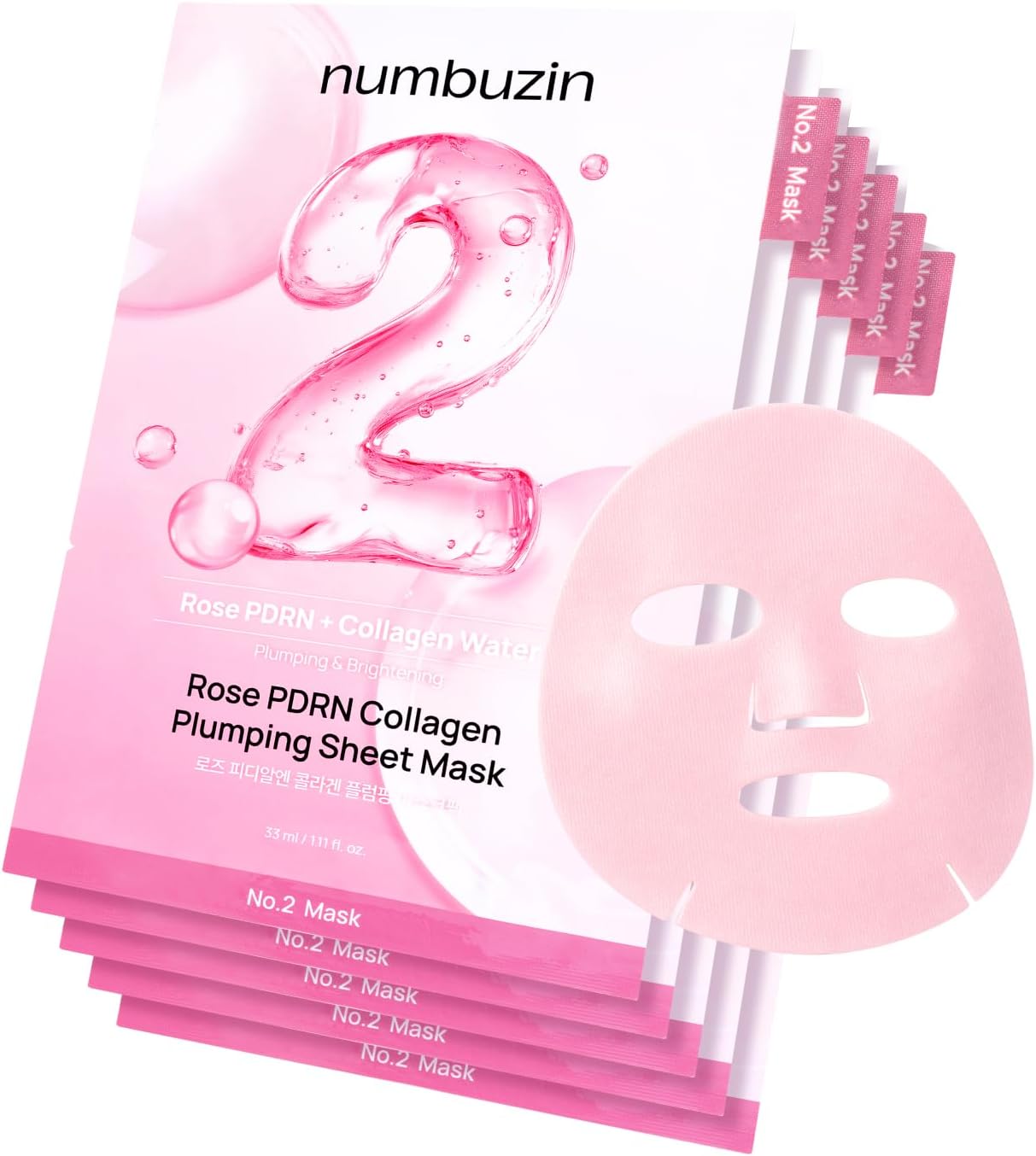 Numbuzin Number 2 Rose PDRN Collagen Plumping Sheet Mask front view box packaging.