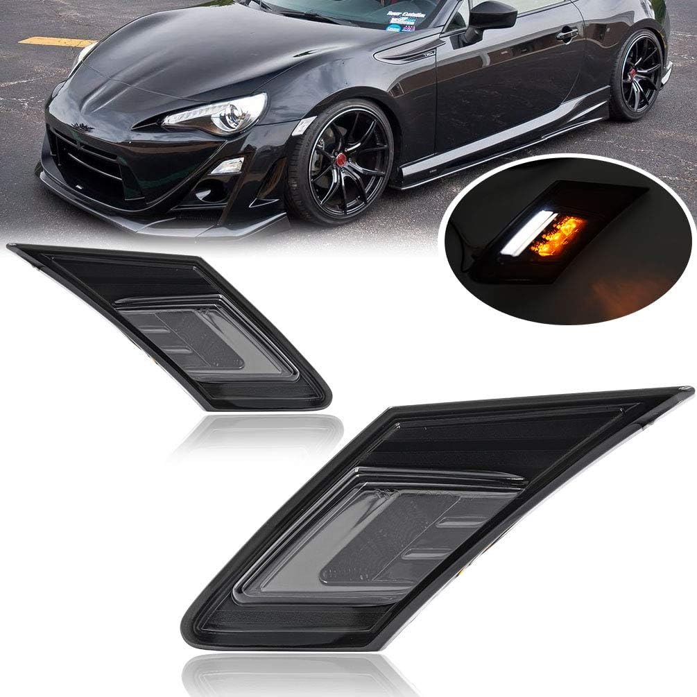 NJSBYL smoke lens LED side marker lights installed on the front bumper fender of a sports car.