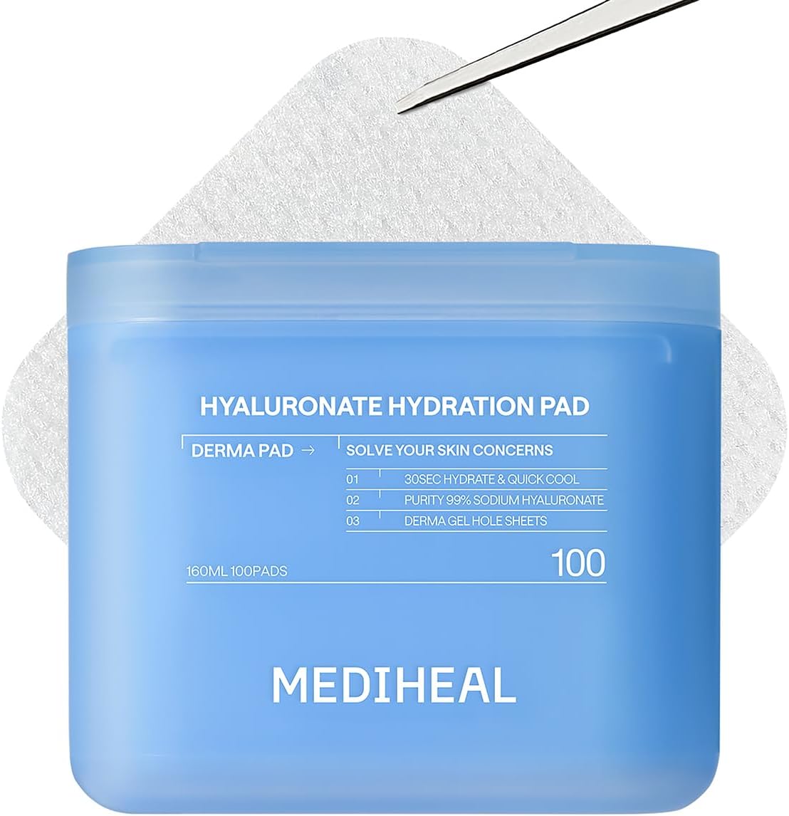 Mediheal Hyaluronate Hydration Toner Pads front view container with tweezers.