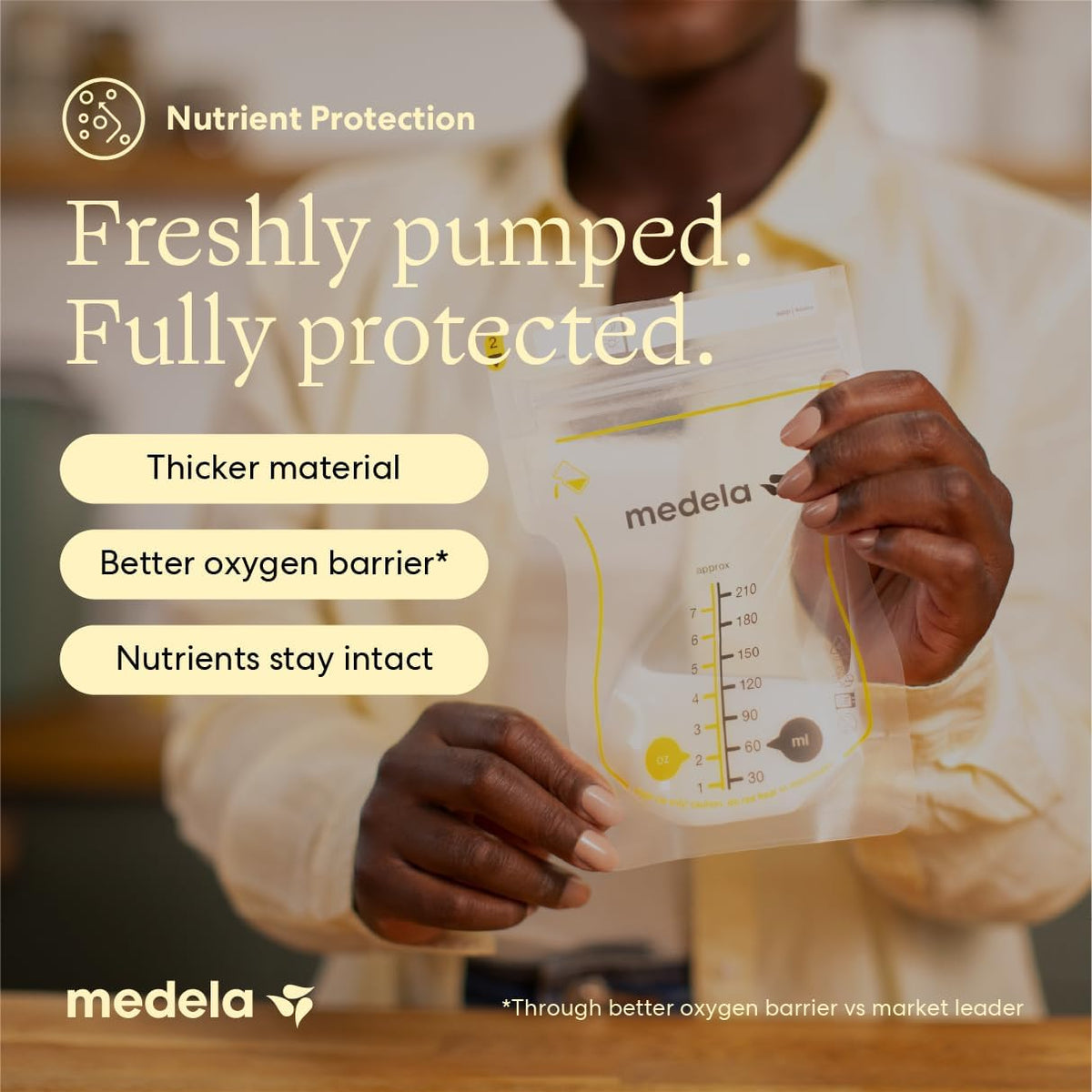 Medela milk storage bags displayed in self standing position