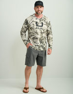 Huk patterned fishing hoodie side view showing sleeve branding