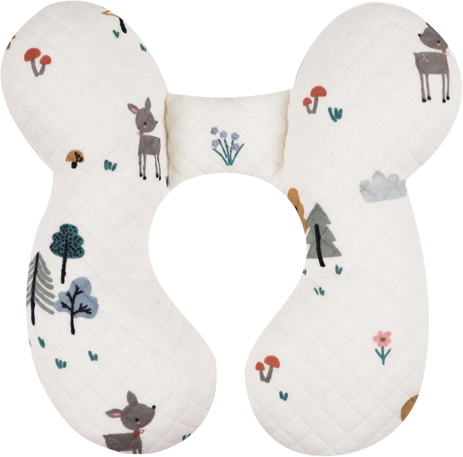 Blublu Park baby travel pillow front view showing cute deer and forest print on soft cotton fabric