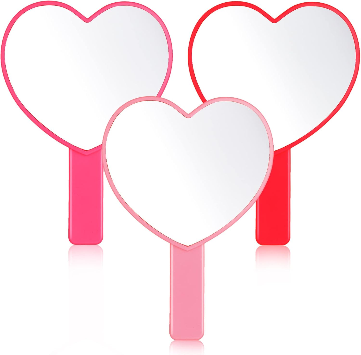 Yalikop heart shaped handheld makeup mirror front view showing three different pink red and rose red colors