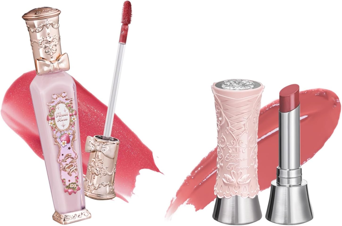 Flower Knows Swan Ballet Shine Solid Lip Gloss Stick B03 and Strawberry Rococo Glitter Lip Gloss G02 set front view showing ornate packaging.