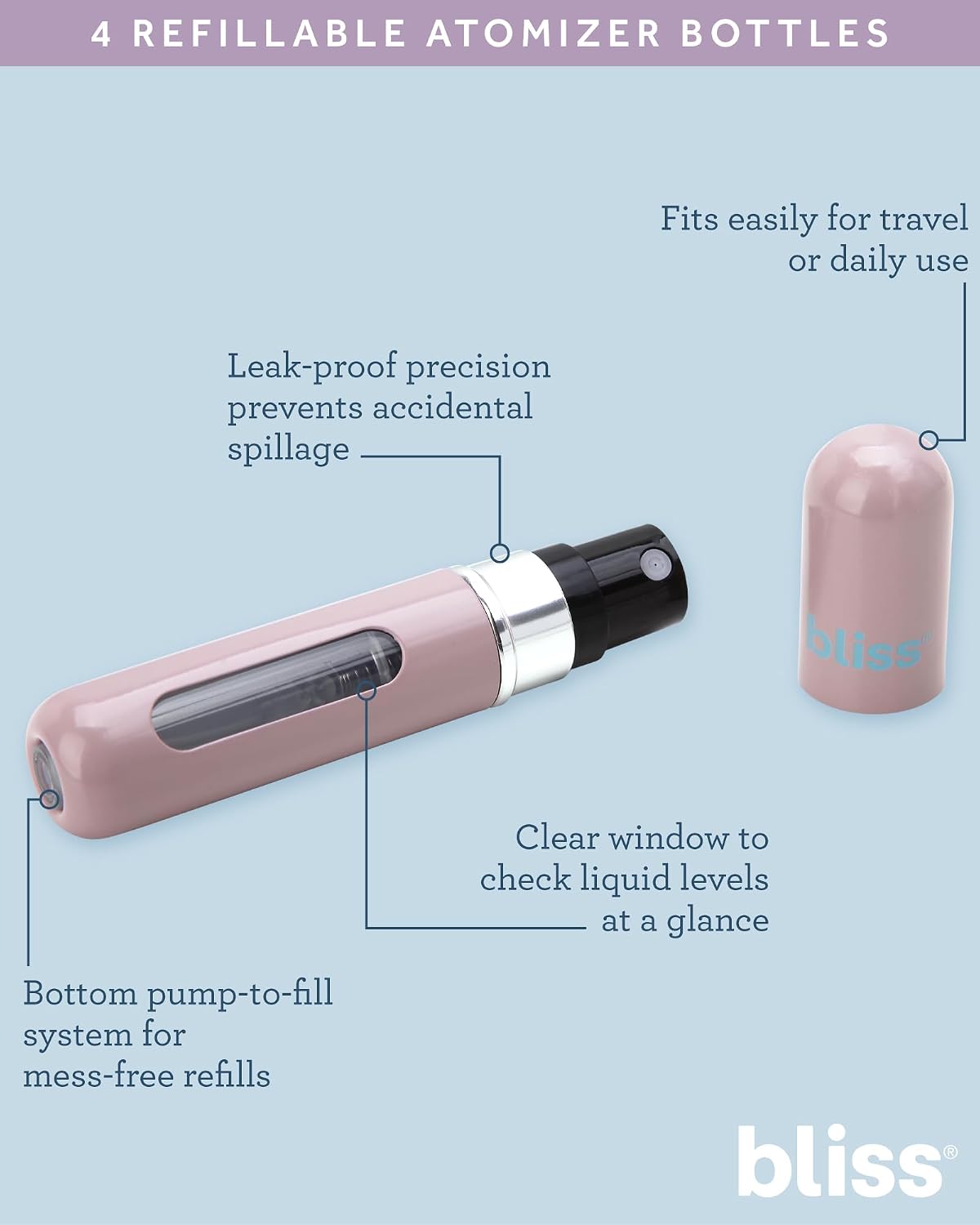 Handheld view demonstrating how to use the compact travel atomizer bottle for quick touch-ups.