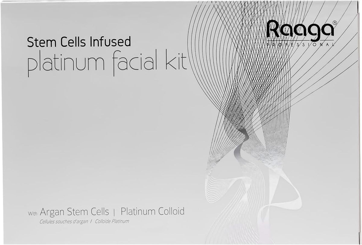 Raaga Professional Platinum Facial Kit front view with packaging box and skincare essentials.