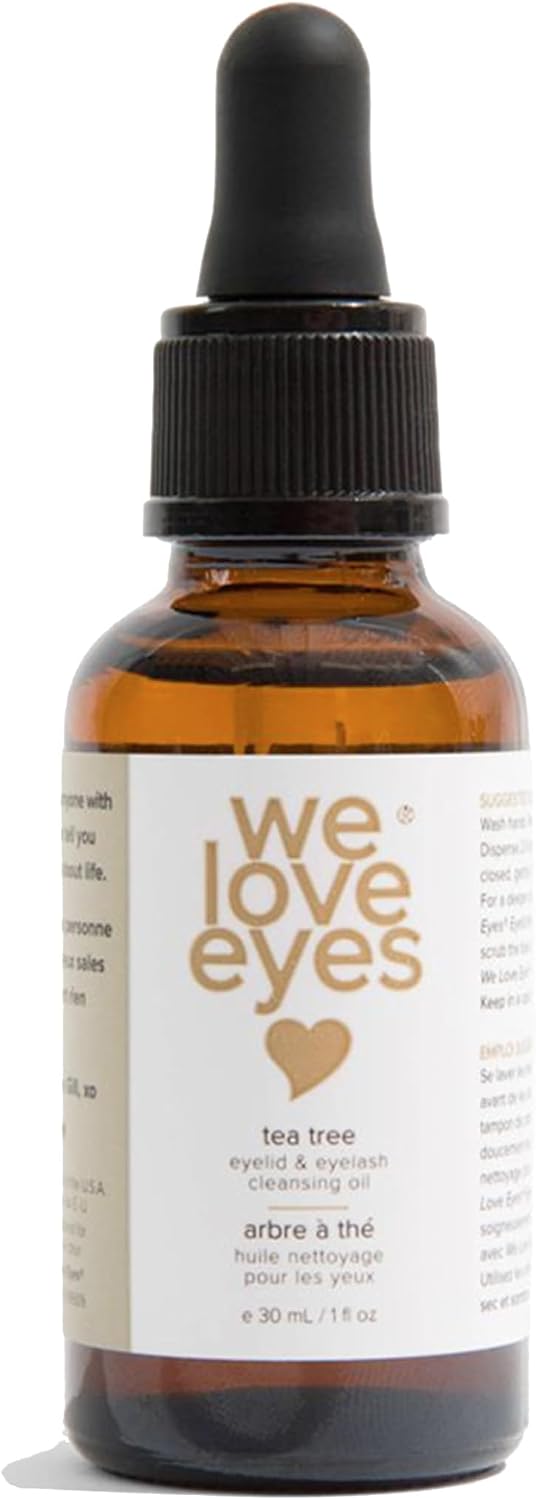 We Love Eyes natural eyelid cleansing oil front view bottle with tea tree oil