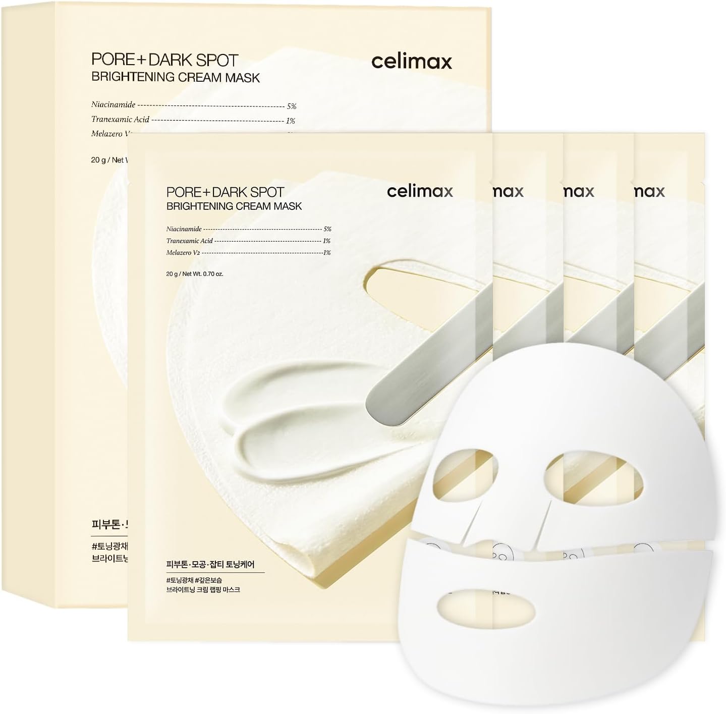 Celimax Pore and Dark Spot Brightening Cream Mask 4 sheets front view packaging.