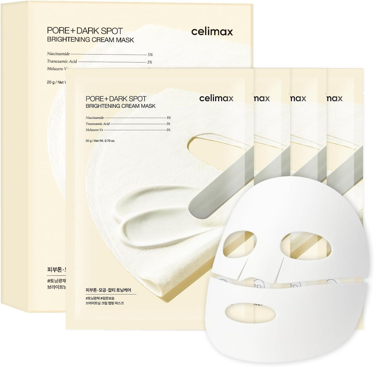 Celimax Pore and Dark Spot Brightening Cream Mask 4 sheets front view packaging.