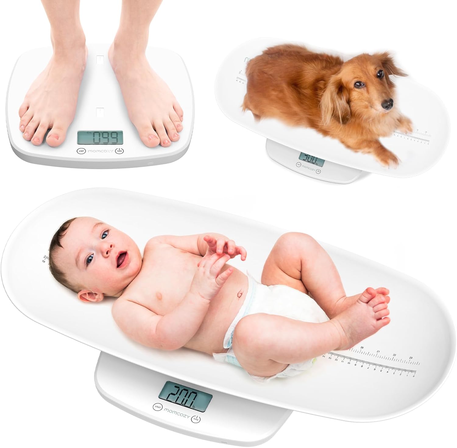 Momcozy multi-functional baby scale front view with tray