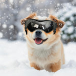 Detailed view of curved design lens on pet safety eyewear