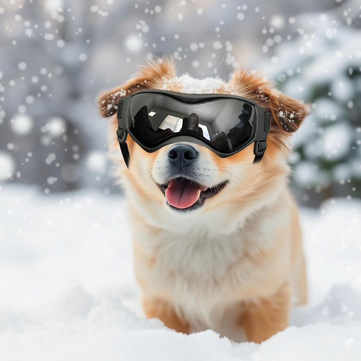 Detailed view of curved design lens on pet safety eyewear