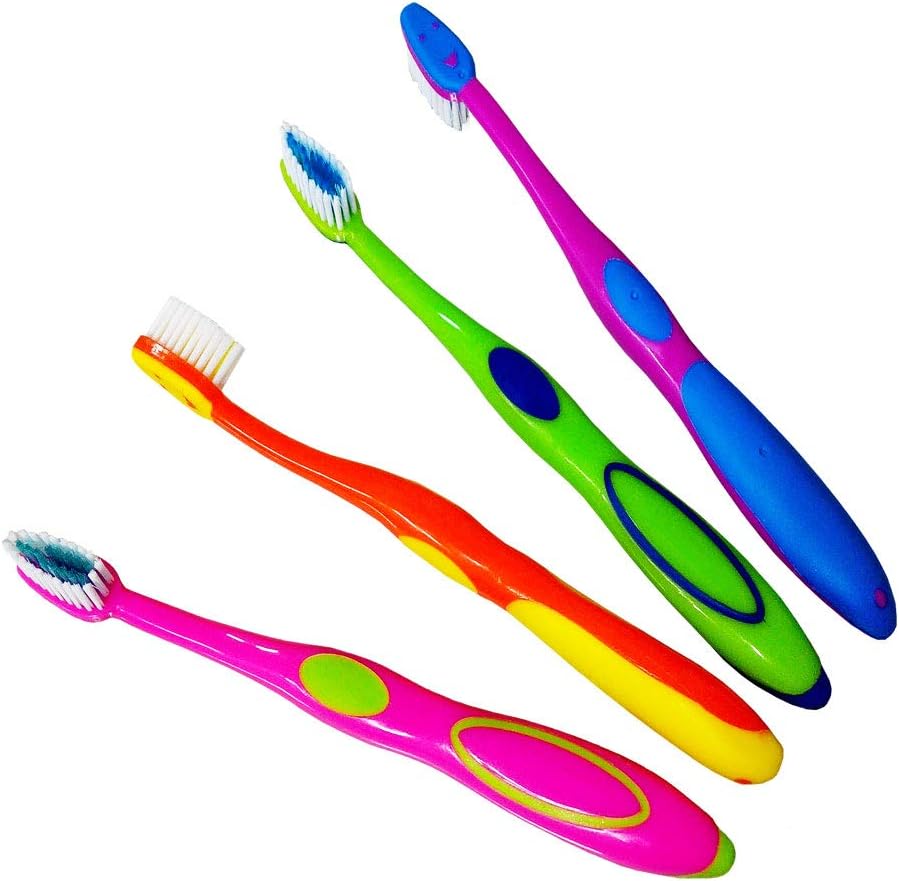 Wasser Vela 12 Count Smile Face Junior Child Toothbrush set front view highlighting colorful rubber grips.