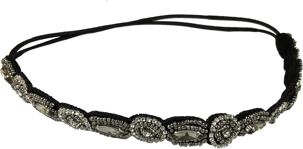 OTYOU rhinestone beaded elastic hair band front view with black crystal jewels.