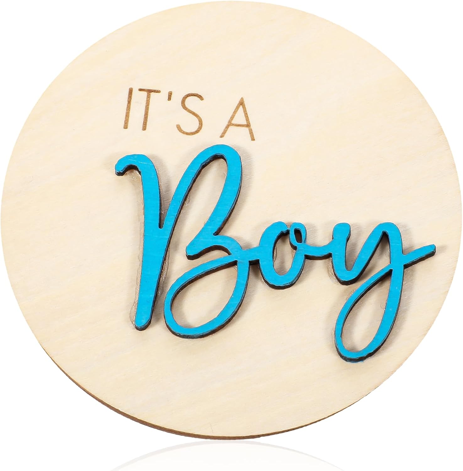 Aphumedc gender reveal wooden sign front view showing natural wood disc and 3D blue lettering.