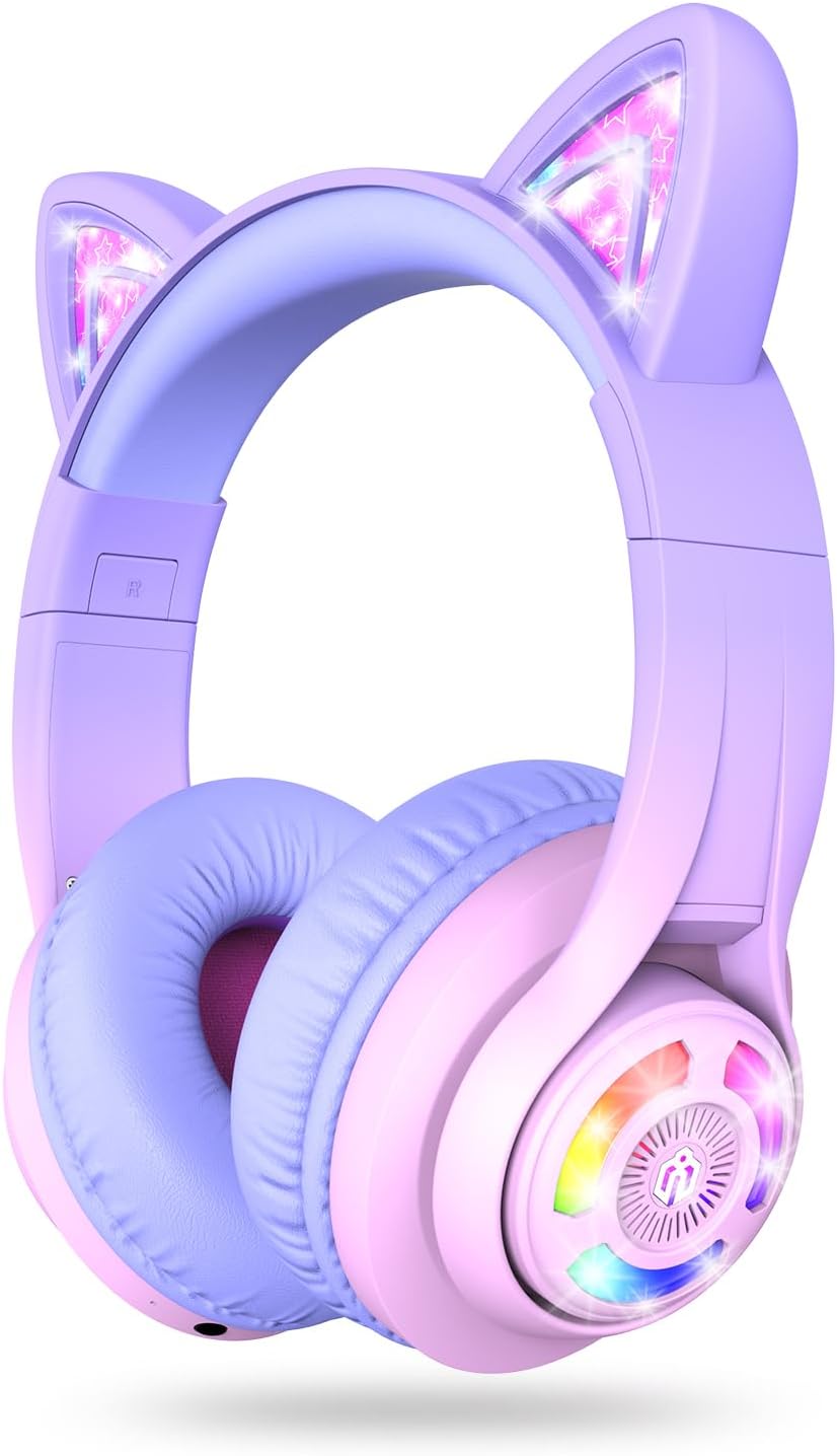 iClever BTH13 Kids Bluetooth Headphones for Girls, LED Cat Ear Travel Gift | SafeSound Tech, 50H Playtime, USB C Charging, AUX Cable, Stereo Sound, Kids Headphones Wireless with Mic for Tablet, Purple - Image 10