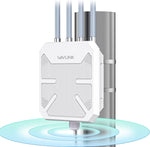 WAVLINK AX1800 outdoor WiFi 6 extender front view showing the rugged white weatherproof enclosure and four high gain antennas.
